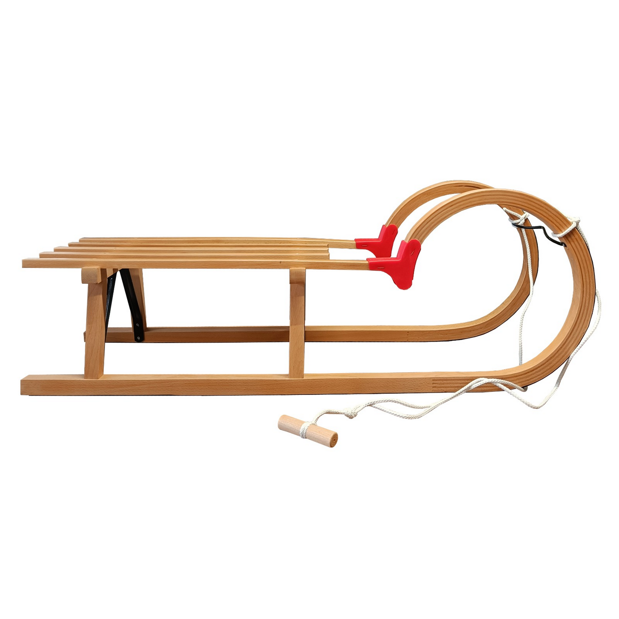 Holzrodel mit rotem Griff und Zugseil